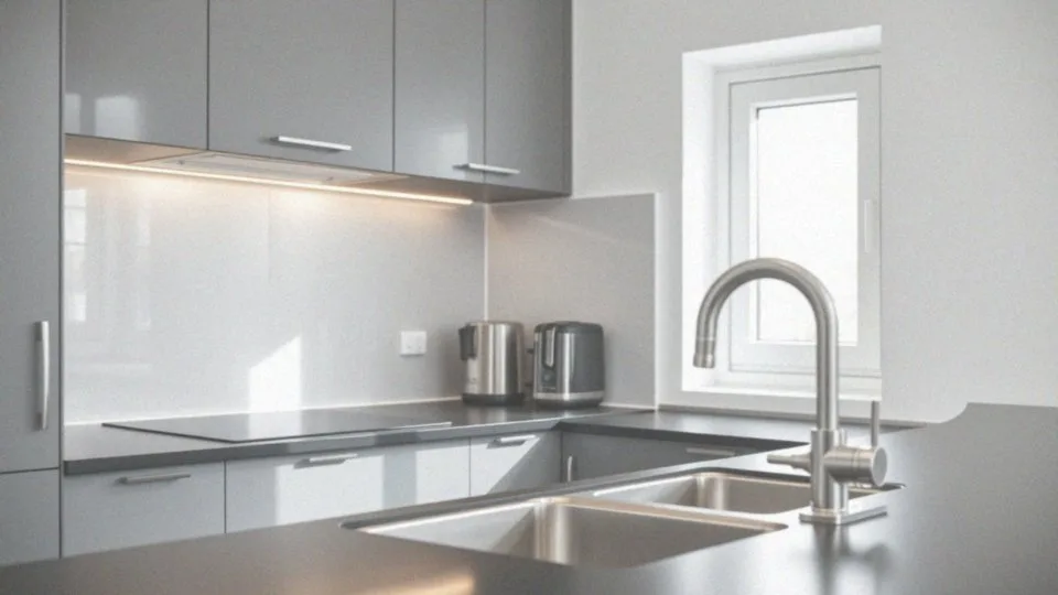 Jakie funkcjonalne elementy są wymagane w aranżacji szarej kuchni z ciemnym blatem?