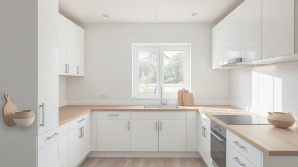 Jakie elementy składają się na aranżację białej kuchni z drewnem?